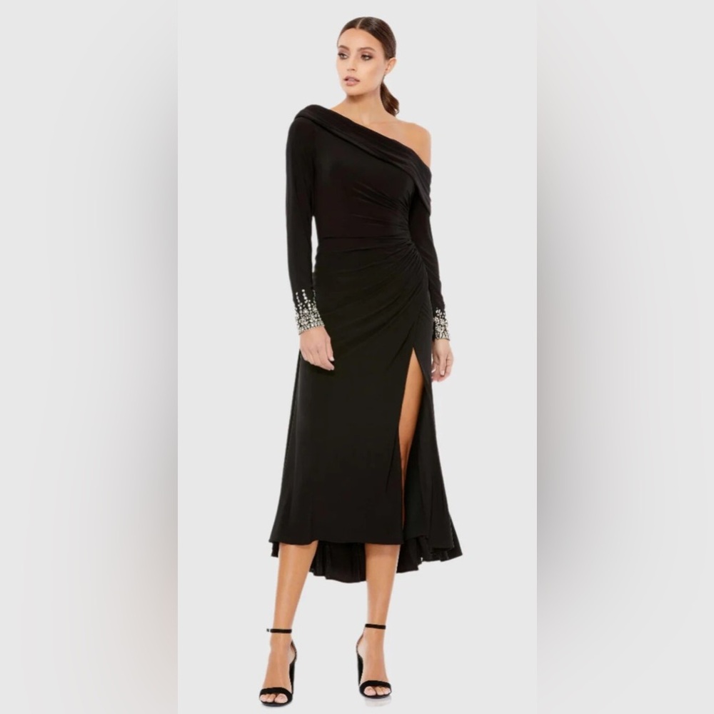 MAC DUGGAL Style 264851 LONG SLEEVE JEWELED Black MIDI DRESS 6 NWT Ieena